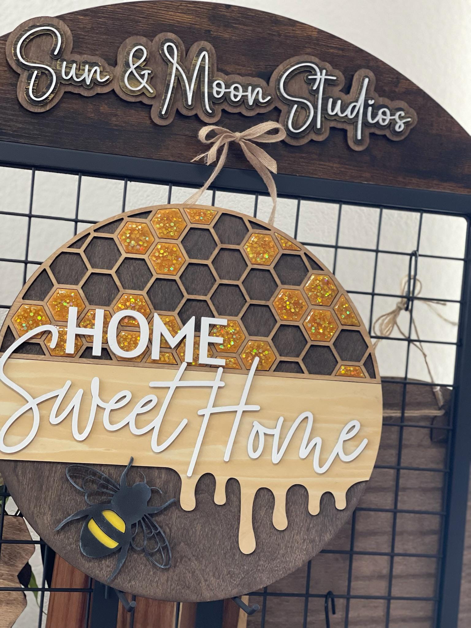 Home Sweet Home Wood Sign - Honeycomb Bee Decor - Handmade Round Wall Sign - Farmhouse Door Sign - Beehive Themed Home Gift