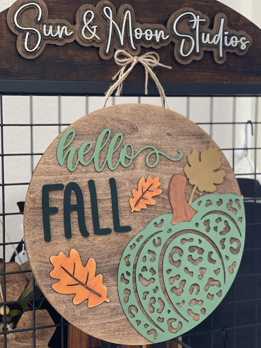 Hello Fall Wood Sign – 14" Handmade Autumn Door Sign | Leopard Pumpkin Fall Decor | Farmhouse Wall Art | Seasonal Porch Decoration