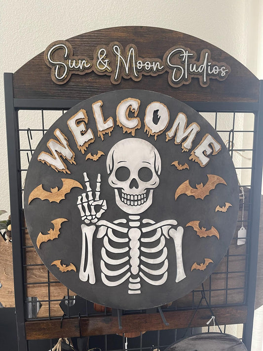Welcome Skeleton Wood Sign - Halloween Door Sign - Spooky Skeleton Wall Art Handmade Bat Decor - Gothic Fall Home Decoration