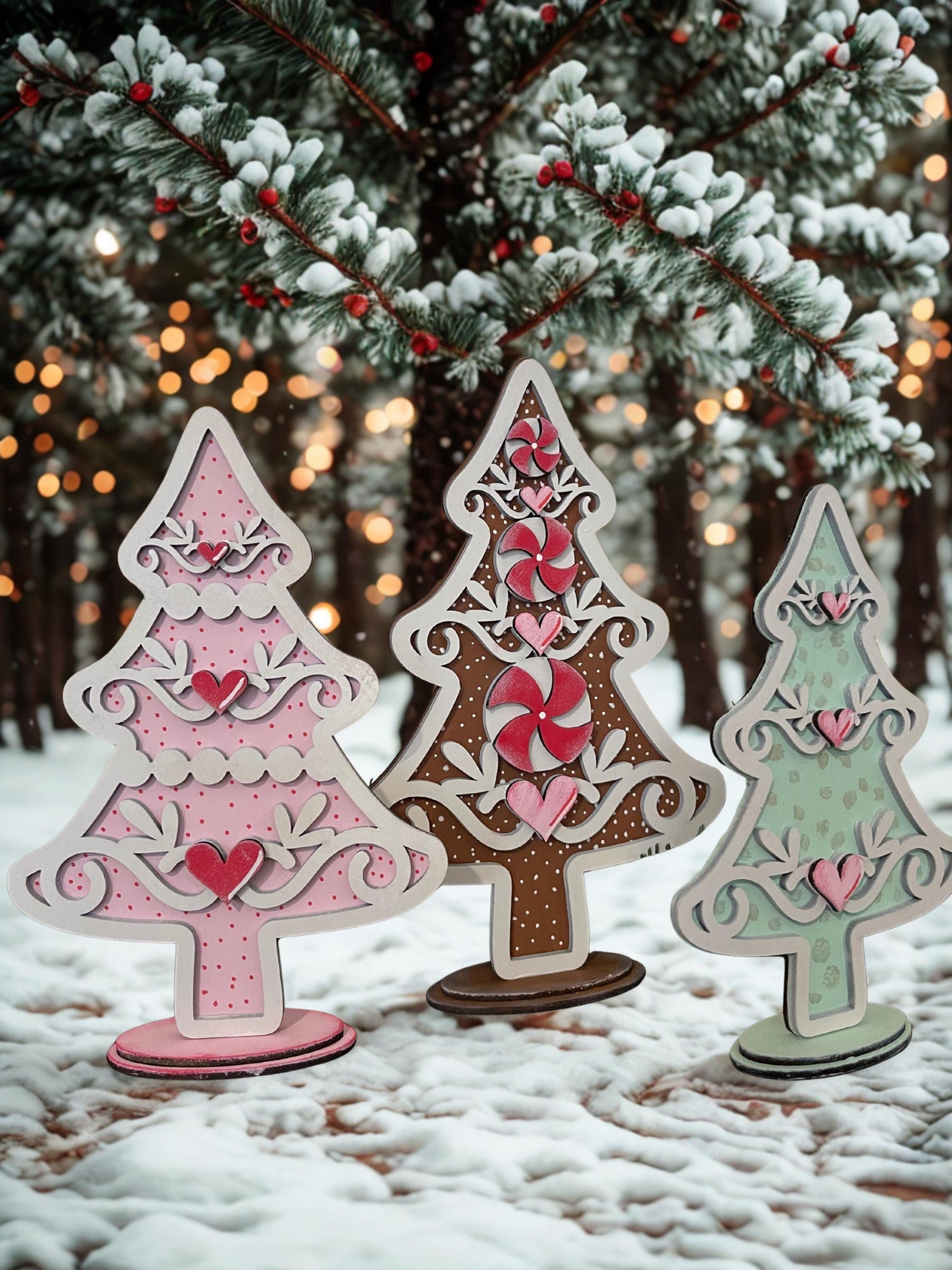 Gingerbread Candy Christmas Tree Trio - Tiered Tray Wooden Decor - Pastel Holiday Shelf Sitters Peppermint & Pink Christmas Decorations