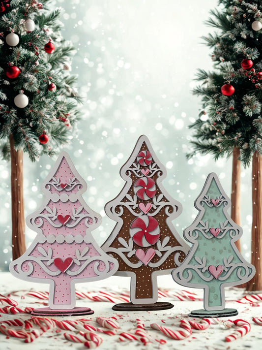 Gingerbread Candy Christmas Tree Trio - Tiered Tray Wooden Decor - Pastel Holiday Shelf Sitters Peppermint & Pink Christmas Decorations