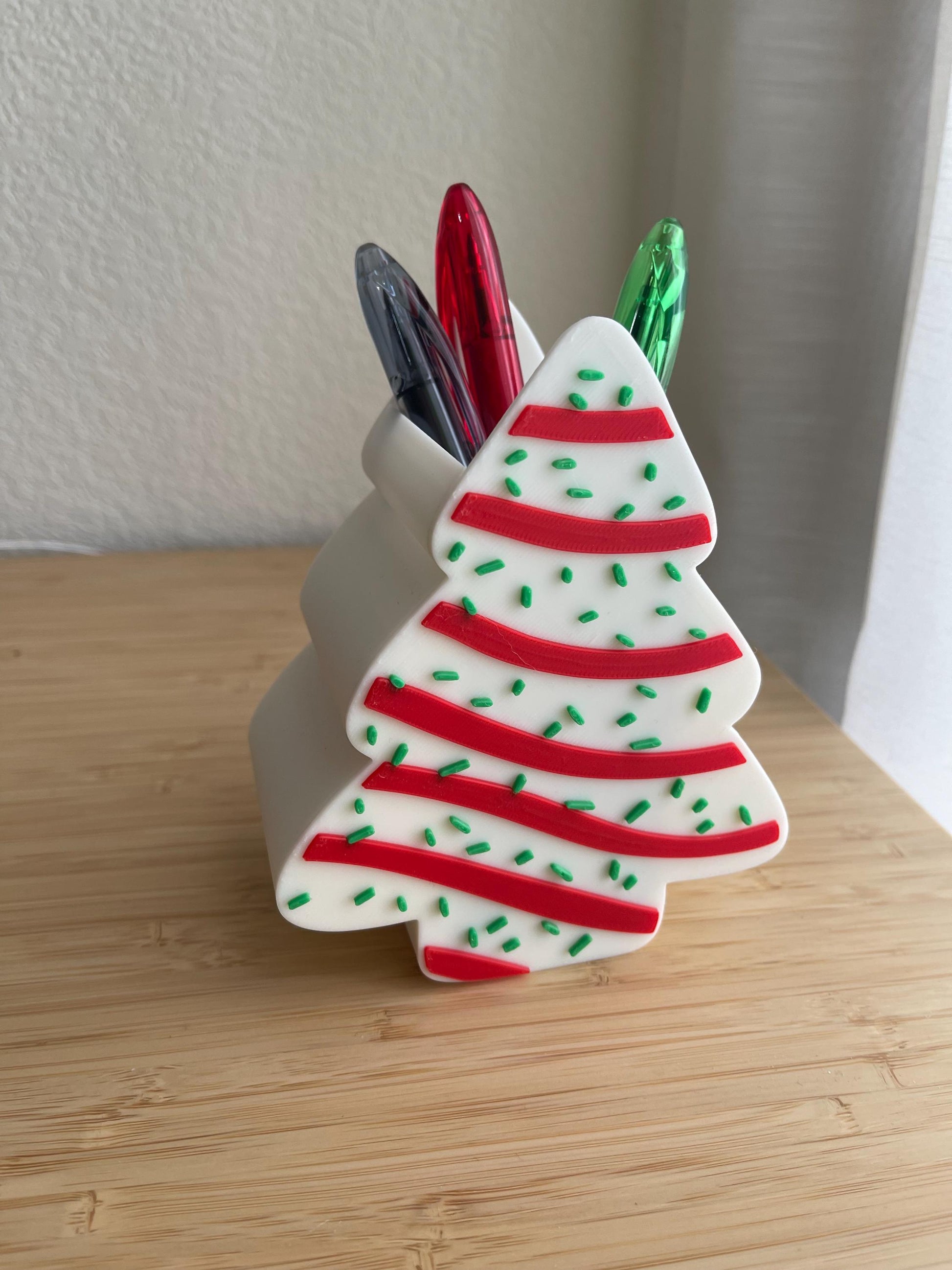 Holiday Tree Snack Cake Pen Holder • Christmas Desk Organizer • Festive Office Decor • Candy Stripe Tree Holder