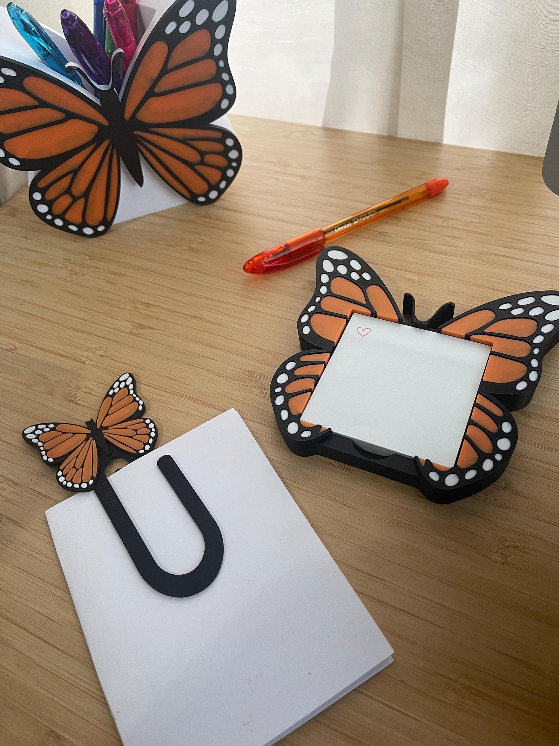 Butterfly Desk Accessories Set | Monarch Butterfly Desk Decor | Pen Holder | Sticky Note Holder | Jumbo Paper Clip | Office Decor