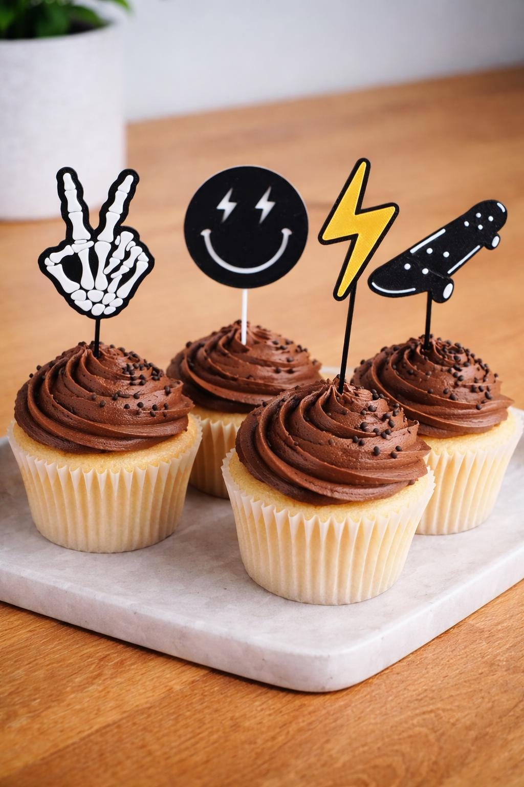 3D Printed Cupcake Toppers, Skeleton, Lightning Bolt, Skateboard, Smiley Face (Set of 12)