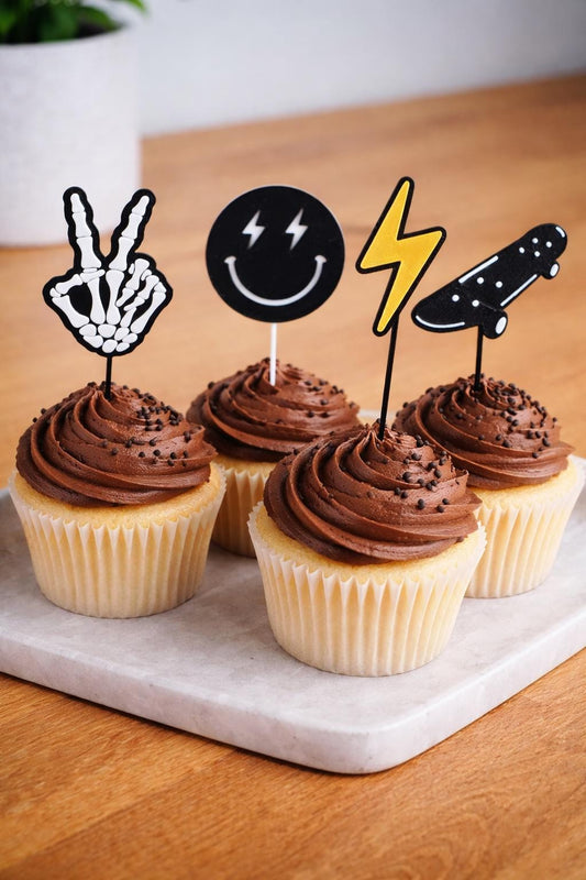 3D Printed Cupcake Toppers, Skeleton, Lightning Bolt, Skateboard, Smiley Face (Set of 12)