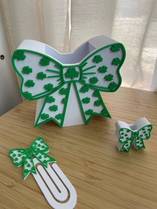 Shamrock Bow Desk Set | St Patrick’s Day Pen Holder, Post It Holder, Jumbo Paper Clip Bookmark, Straw Topper, Trinket Tray