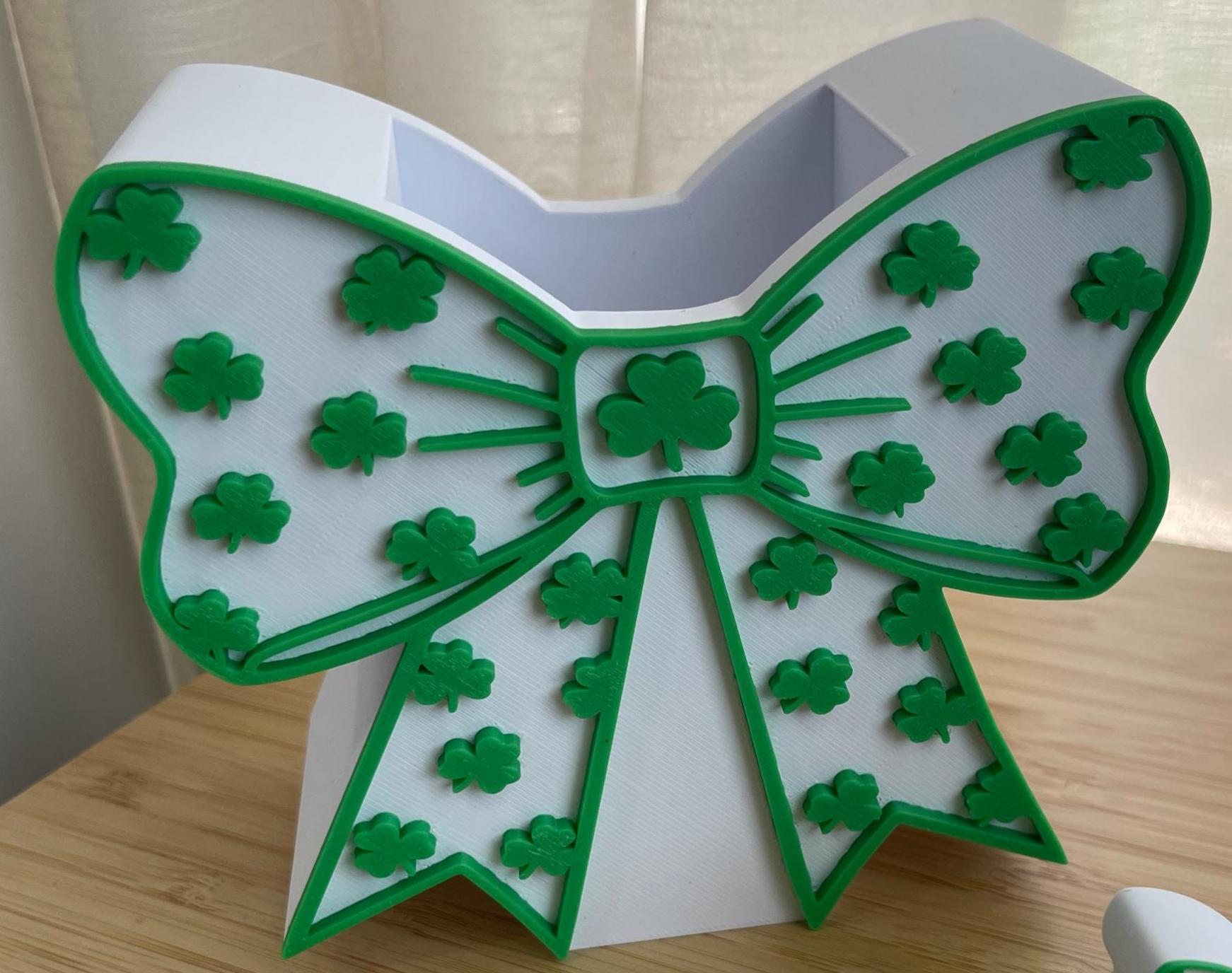 Shamrock Bow Desk Set | St Patrick’s Day Pen Holder, Post It Holder, Jumbo Paper Clip Bookmark, Straw Topper, Trinket Tray