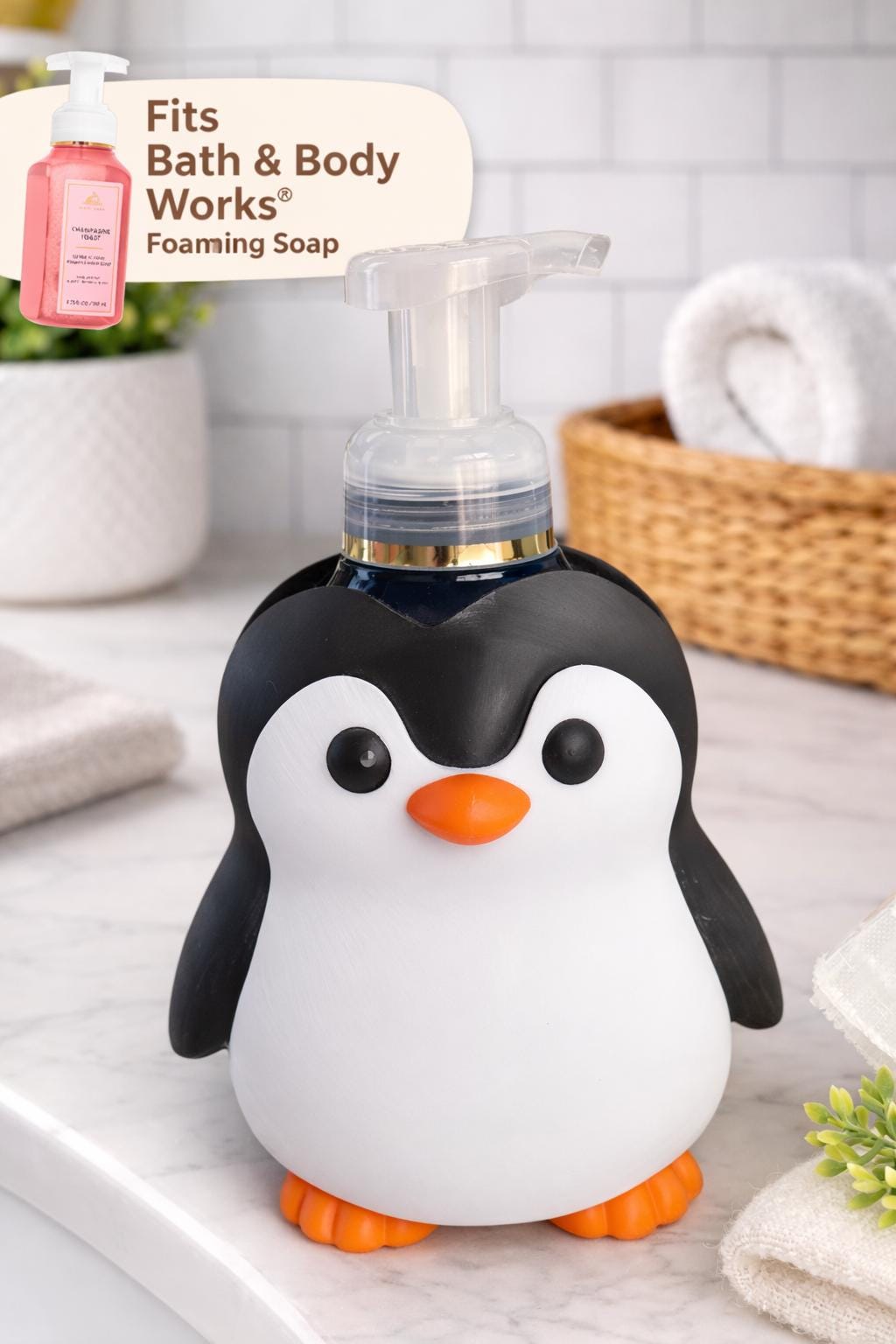 Penguin Soap Holder for Bath & Body Works | Cute Animal Bathroom Decor | Kids Bathroom Sink Organizer | Foaming Soap Dispenser Holder