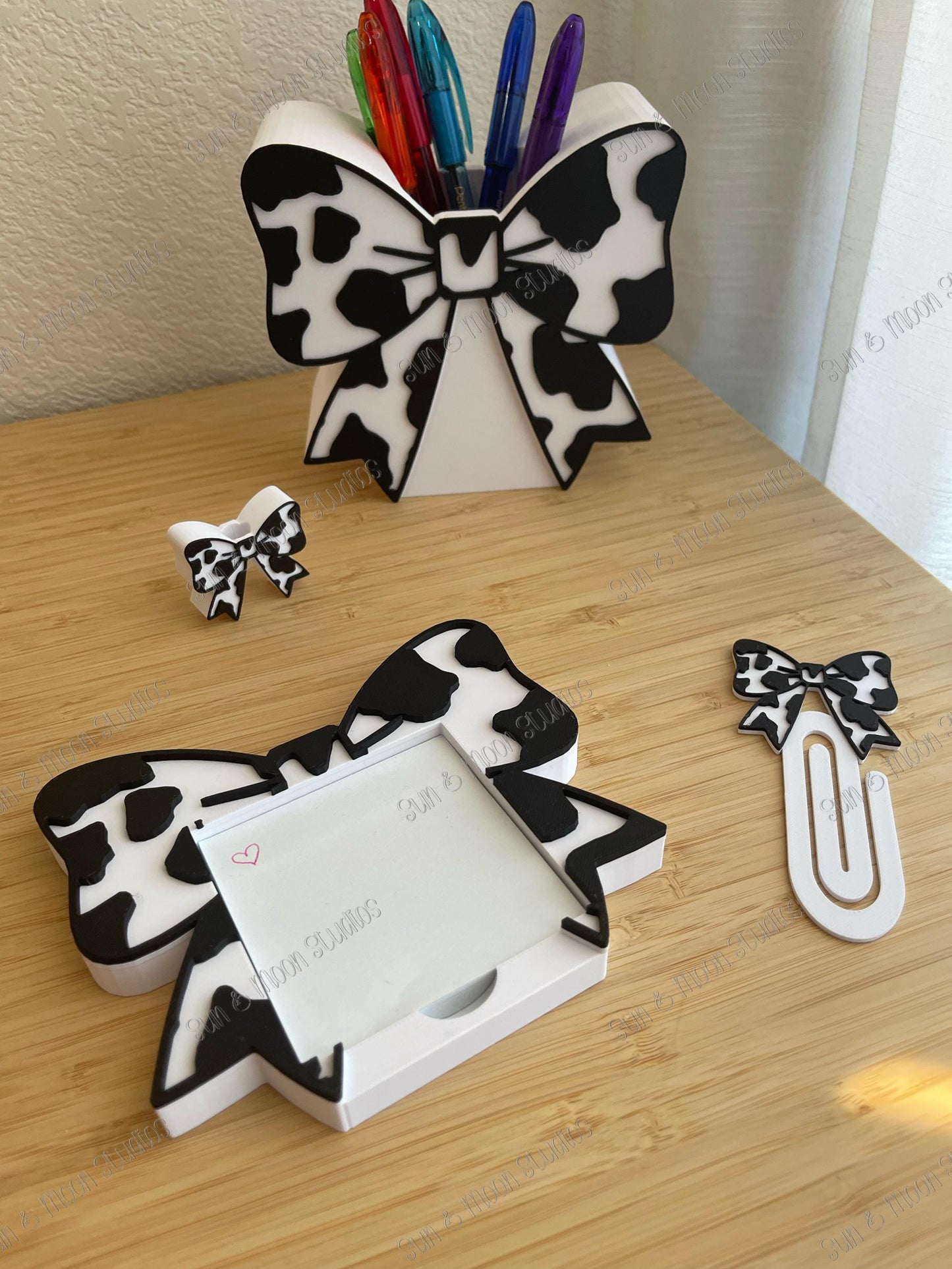 Cow Print Bow Desk Set | Western Office Decor, Pen Holder, Post-it Holder, Bookmark