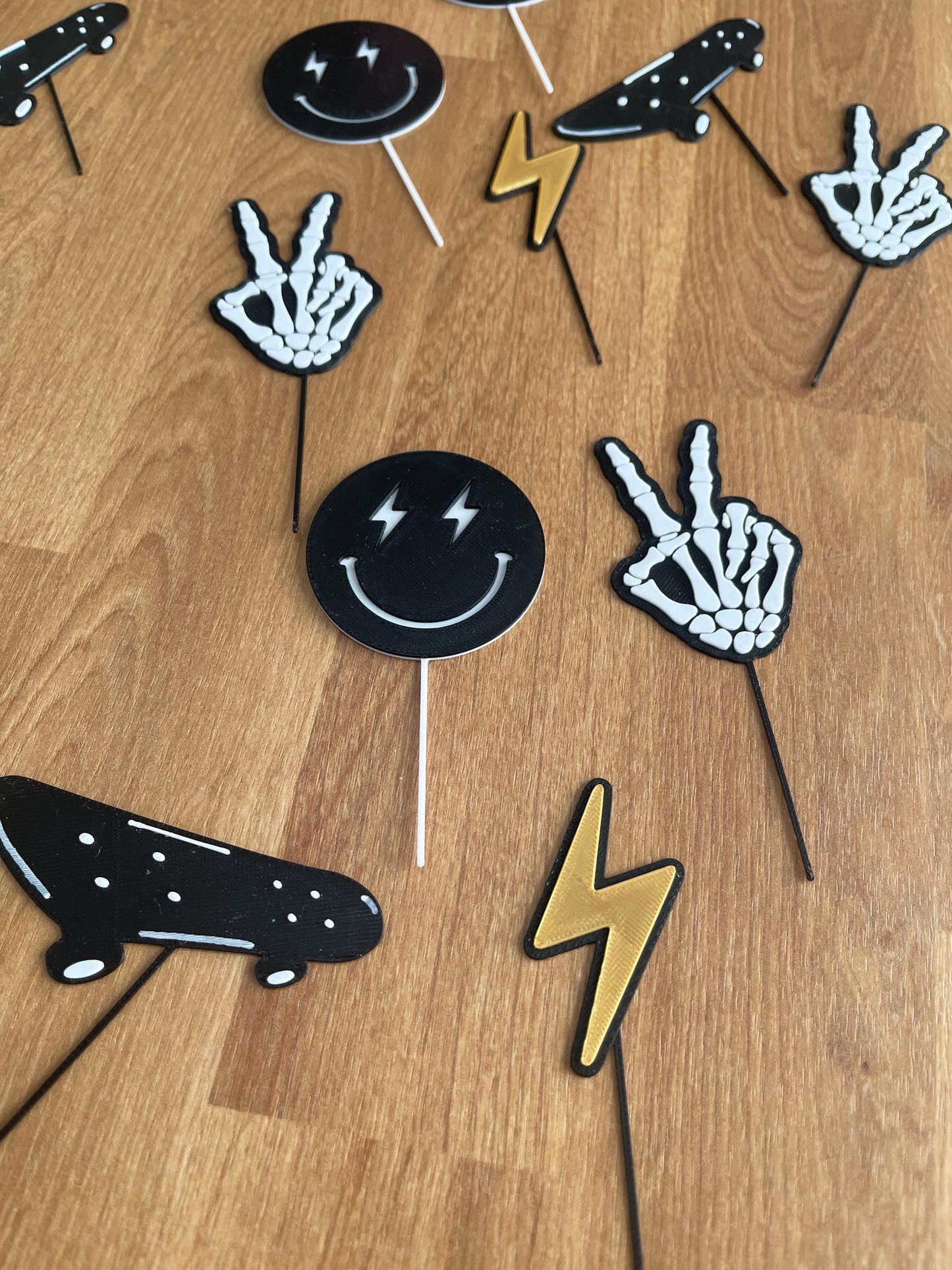 3D Printed Cupcake Toppers, Skeleton, Lightning Bolt, Skateboard, Smiley Face (Set of 12)