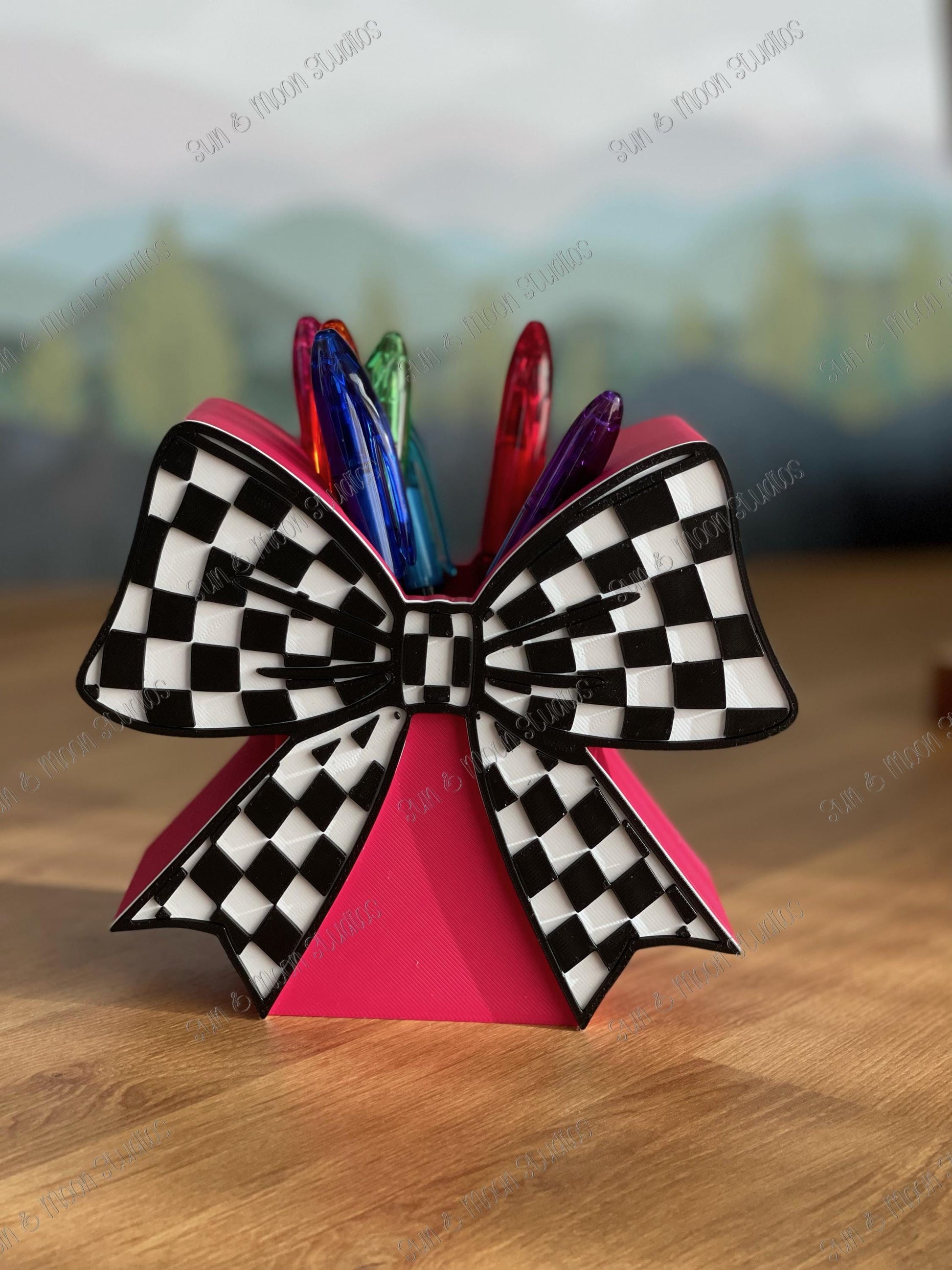 Checkered Bow Desk Set | Black White Checker Desk Decor, Pen Holder, Post It Note Holder, Jumbo Paper Clip, Cute Office Set
