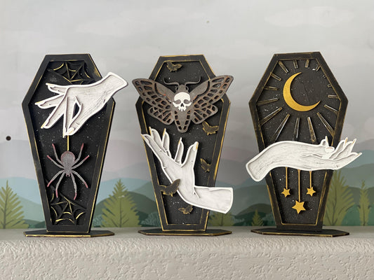 Gothic Coffin Decor Set, Handcrafted Halloween Shelf Display, Witchy Spider Moth Moon Accents