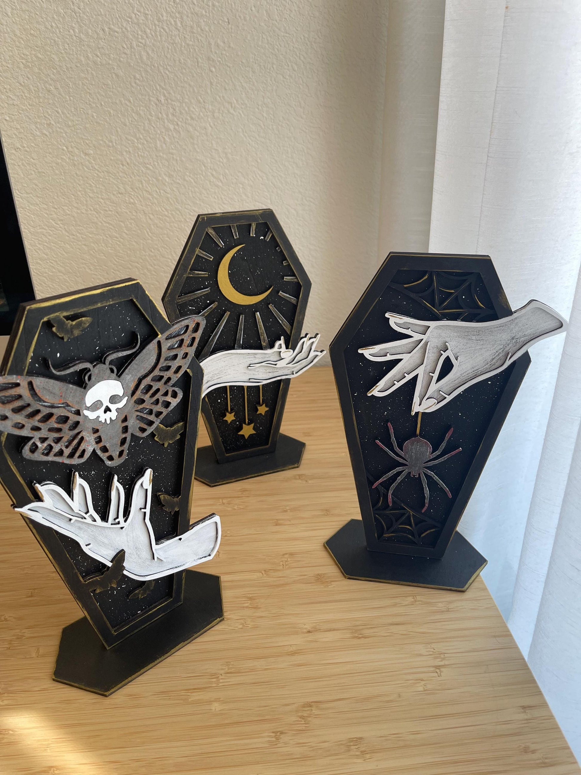 Gothic Coffin Decor Set, Handcrafted Halloween Shelf Display, Witchy Spider Moth Moon Accents