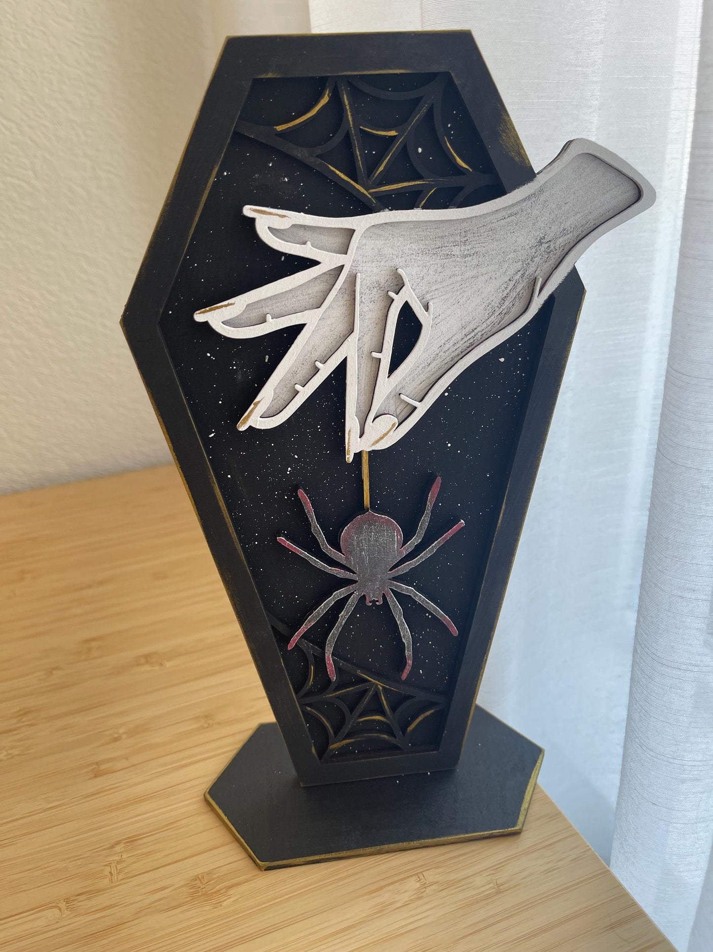 Gothic Coffin Decor Set, Handcrafted Halloween Shelf Display, Witchy Spider Moth Moon Accents
