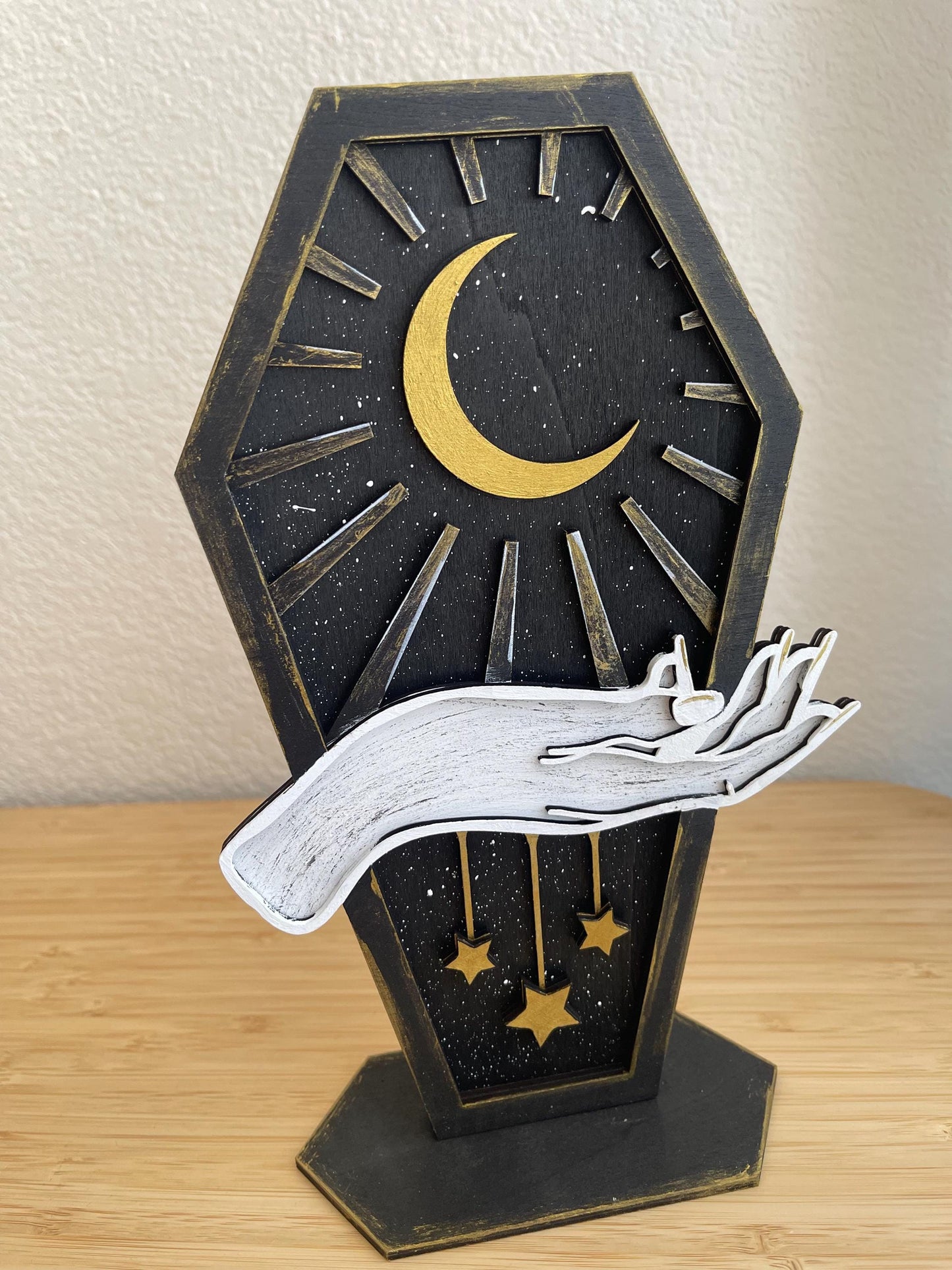 Gothic Coffin Decor Set, Handcrafted Halloween Shelf Display, Witchy Spider Moth Moon Accents
