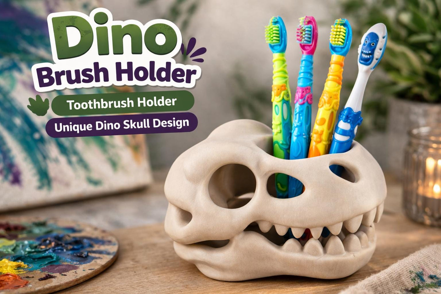Dinosaur Skull Pen Holder | Dino Toothbrush Holder | Gothic Desk Organizer | Paintbrush Holder | 3D Printed Bathroom Decor