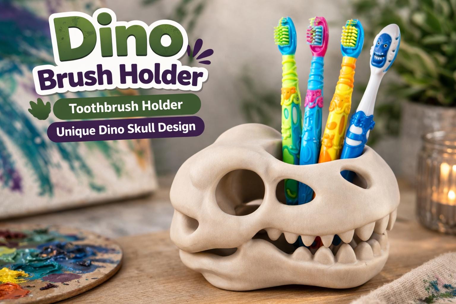 Dinosaur Skull Pen Holder | Dino Toothbrush Holder | Gothic Desk Organizer | Paintbrush Holder | 3D Printed Bathroom Decor