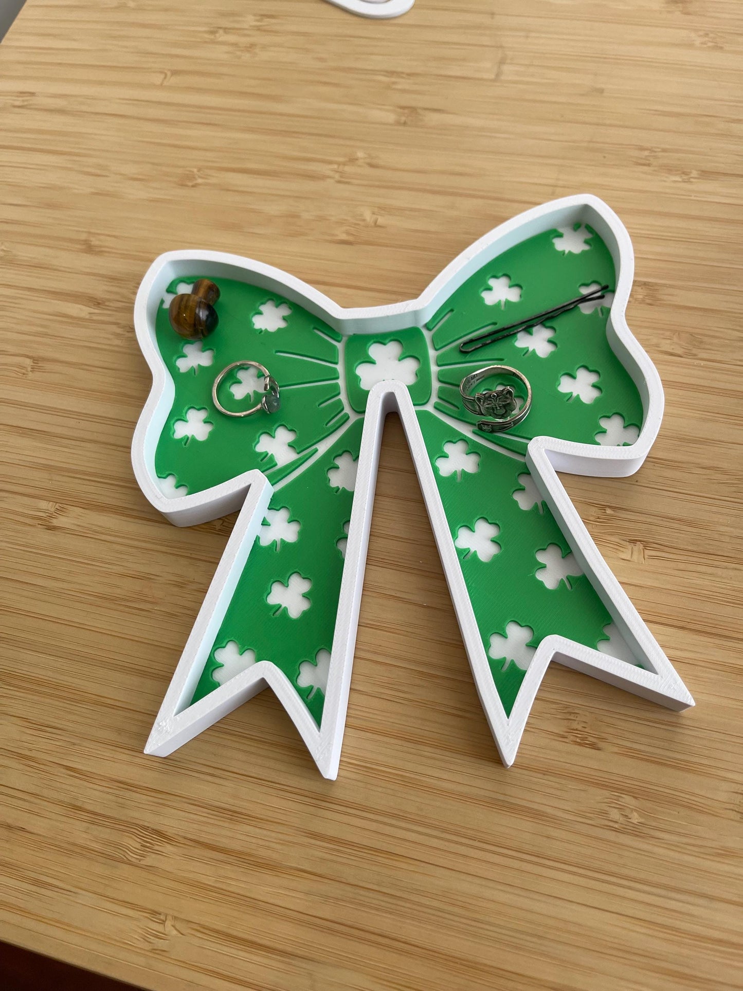 Shamrock Bow Desk Set | St Patrick’s Day Pen Holder, Post It Holder, Jumbo Paper Clip Bookmark, Straw Topper, Trinket Tray