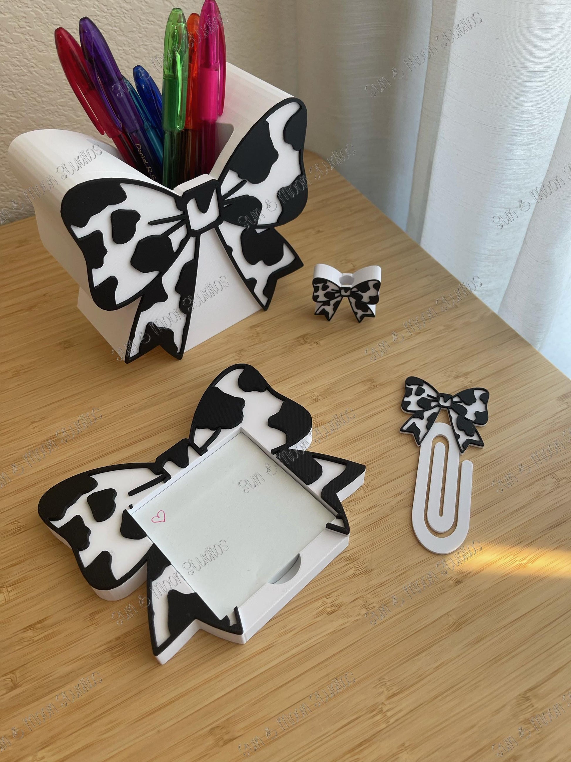 Cow Print Bow Desk Set | Western Office Decor, Pen Holder, Post-it Holder, Bookmark