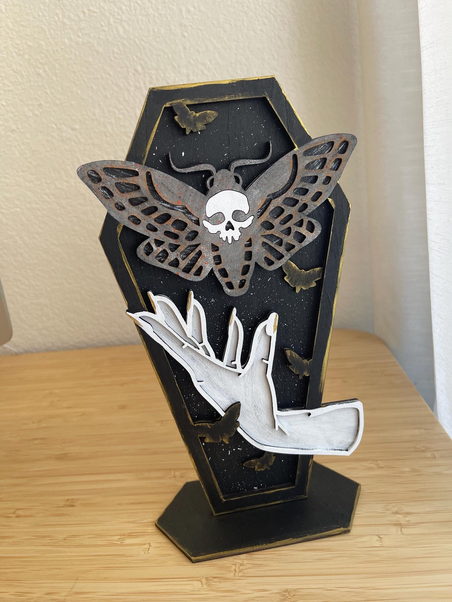 Gothic Coffin Decor Set, Handcrafted Halloween Shelf Display, Witchy Spider Moth Moon Accents
