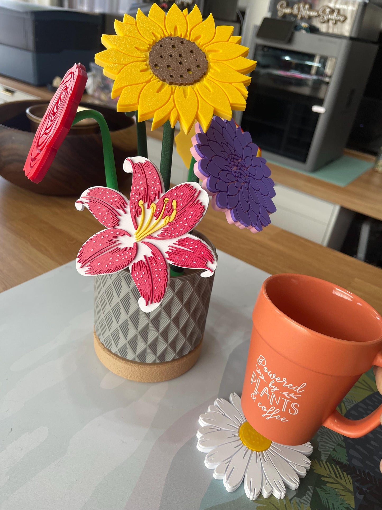 Magnetic Coaster Bouquet in Planter Pot | Custom Floral Drink Coasters | Customizable with Choice of 32 Pot Styles and 6 Flowers