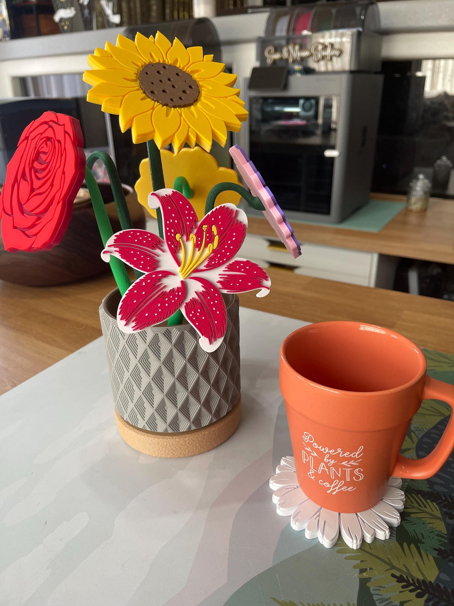 Magnetic Coaster Bouquet in Planter Pot | Custom Floral Drink Coasters | Customizable with Choice of 32 Pot Styles and 6 Flowers