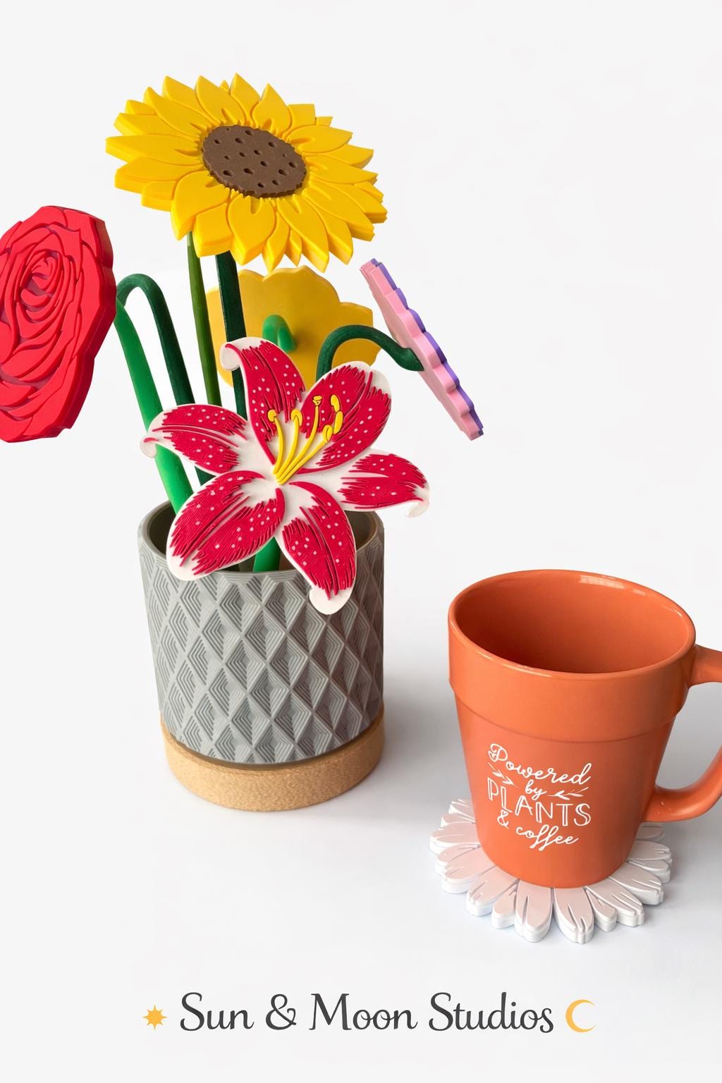 Magnetic Coaster Bouquet in Planter Pot | Custom Floral Drink Coasters | Customizable with Choice of 32 Pot Styles and 6 Flowers