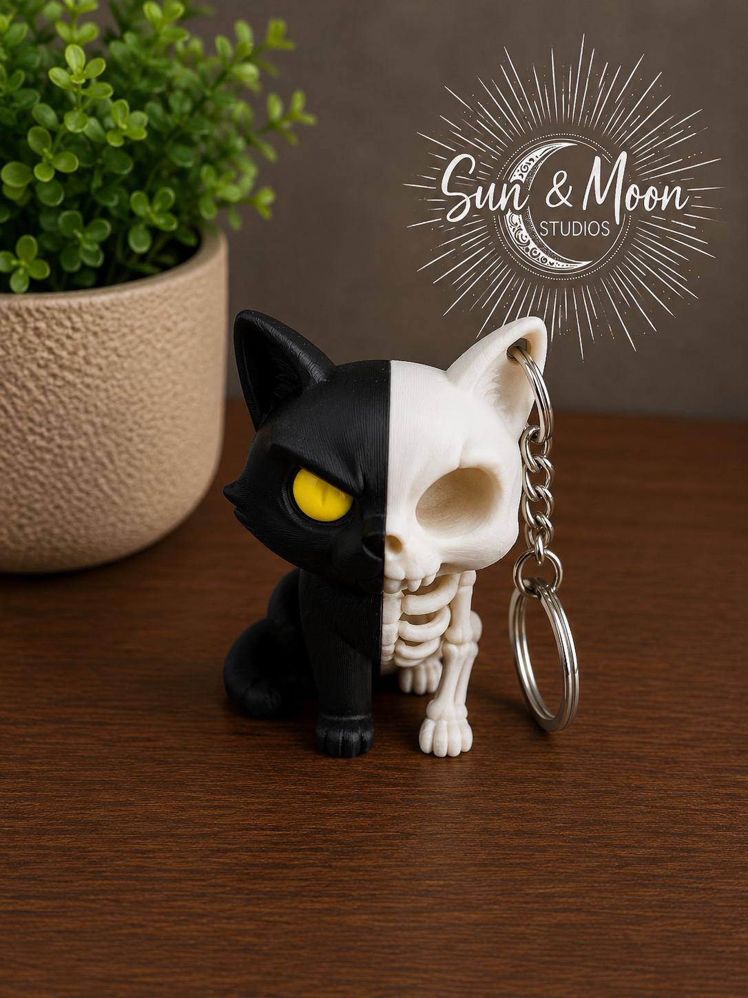 Skeleton Cat Keychain – Half Cat Half Skeleton – Gothic Keychain – Spooky Cat Lover Gift