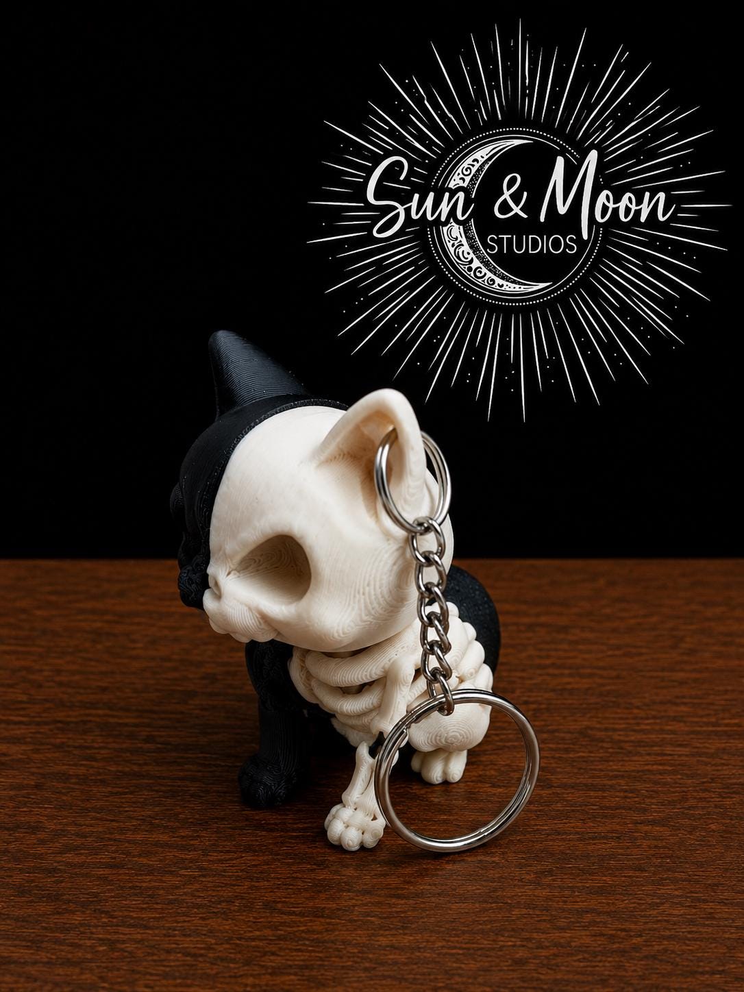 Skeleton Cat Keychain – Half Cat Half Skeleton – Gothic Keychain – Spooky Cat Lover Gift