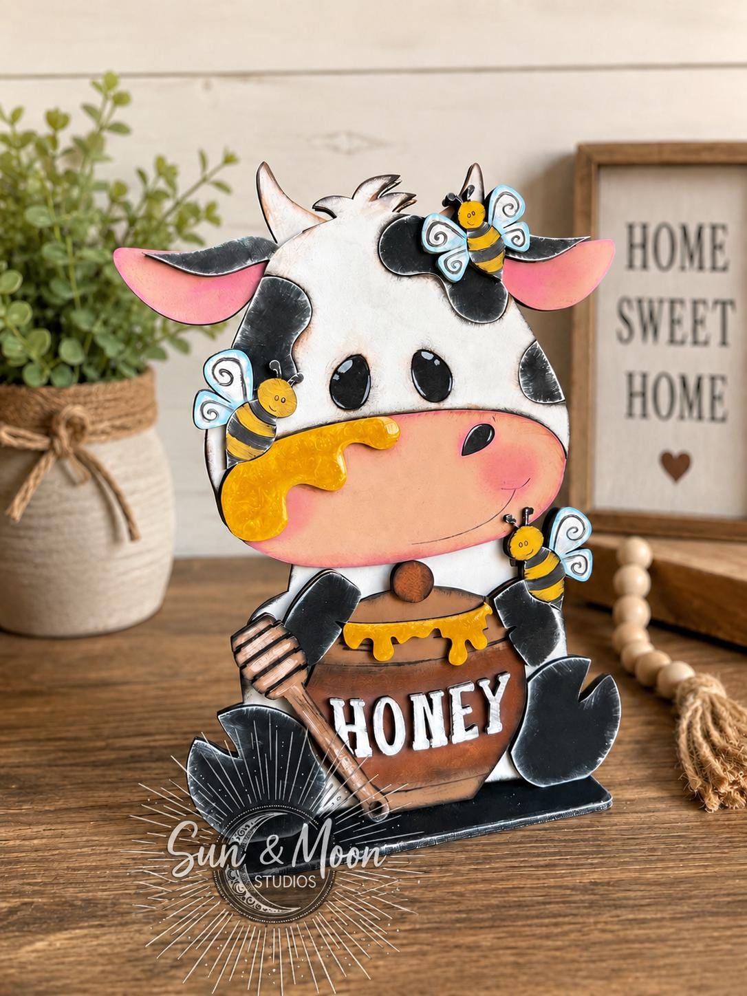 Cow With Honey Pot Shelf Sitter Sign | Farmhouse Cow Decor | Honey Bee Tiered Tray Decor | Rustic Countertop Sign | Farmhouse Shelf Decor