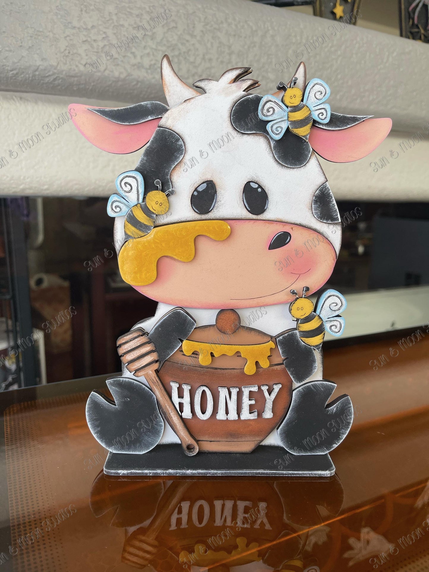 Cow With Honey Pot Shelf Sitter Sign | Farmhouse Cow Decor | Honey Bee Tiered Tray Decor | Rustic Countertop Sign | Farmhouse Shelf Decor