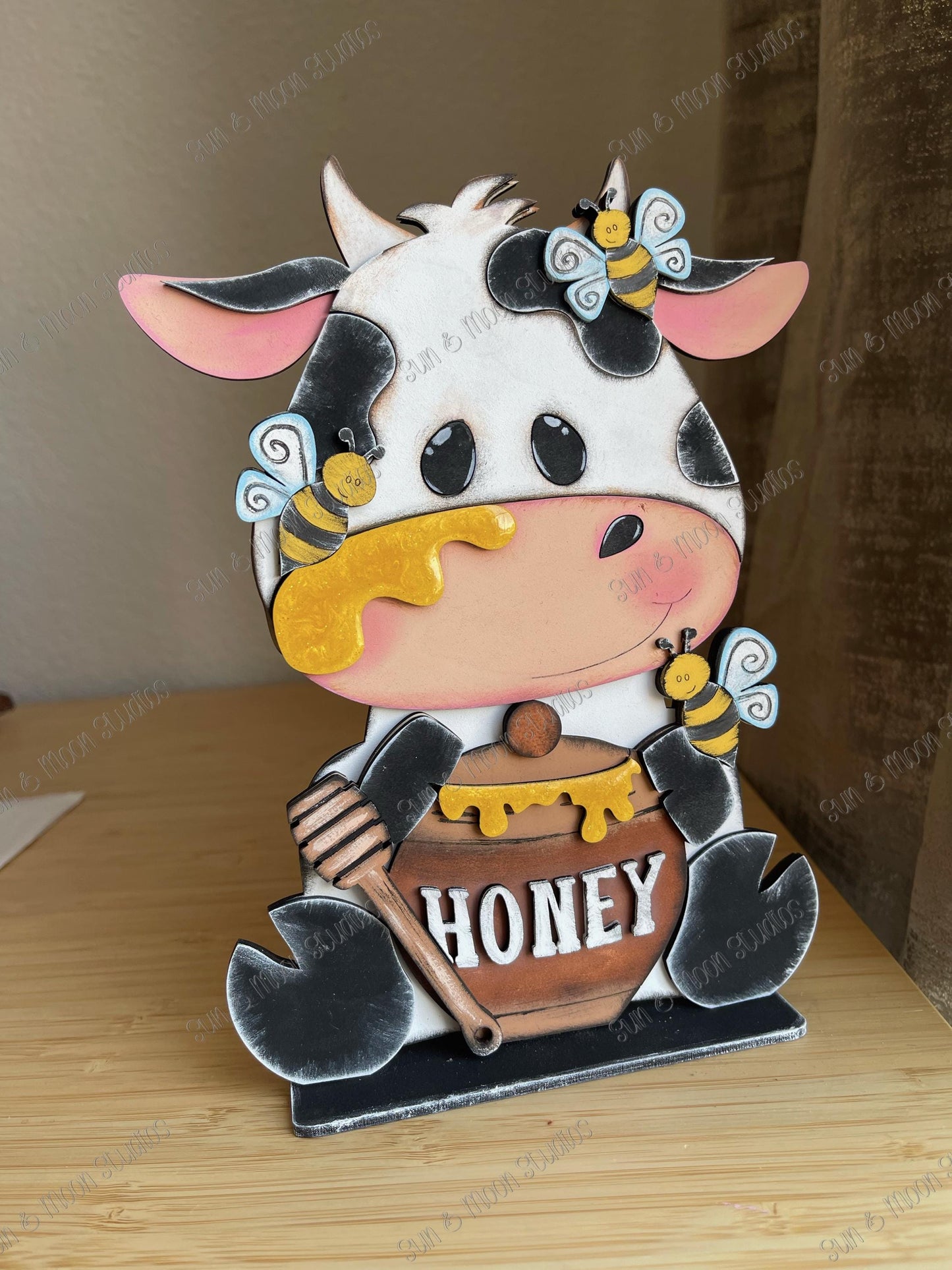 Cow With Honey Pot Shelf Sitter Sign | Farmhouse Cow Decor | Honey Bee Tiered Tray Decor | Rustic Countertop Sign | Farmhouse Shelf Decor