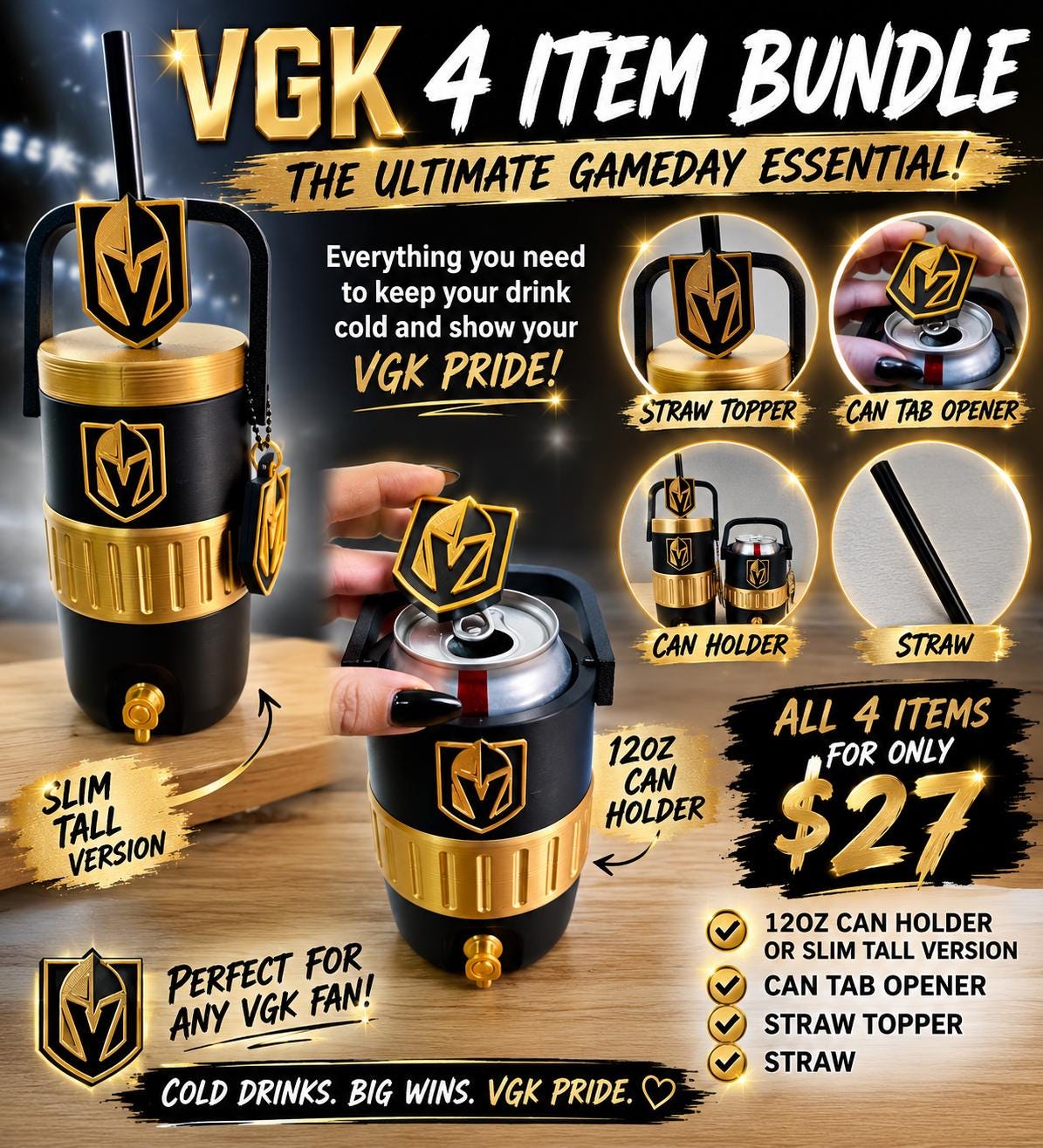 VGK Fan Can Holder Bundle – 4 Piece Set – 12oz Standard or Slim Can Size – Game Day Drink Accessory