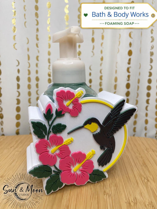 Hummingbird Foaming Soap Holder, Tropical Hibiscus Floral Decor (Fits Bath & Body Works)