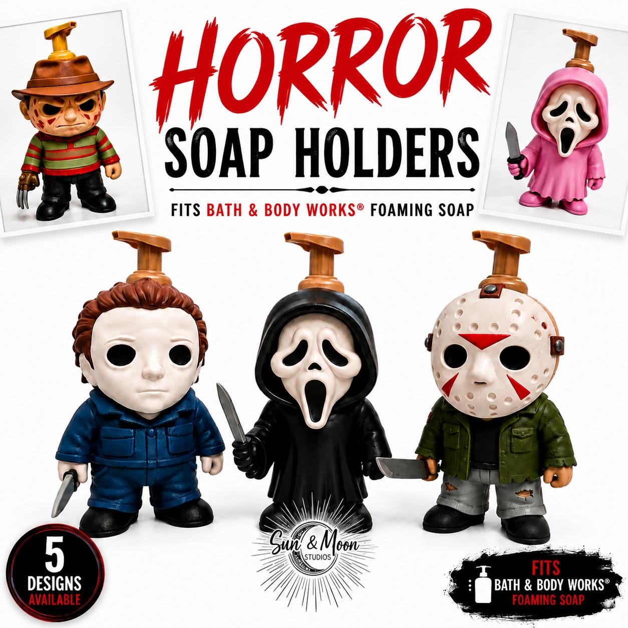 Chibi Horror Character Foaming Soap Holders | Designed to Fit Bath & Body Works® Foaming Soap | Halloween Bathroom Decor | Horror Fan Gift