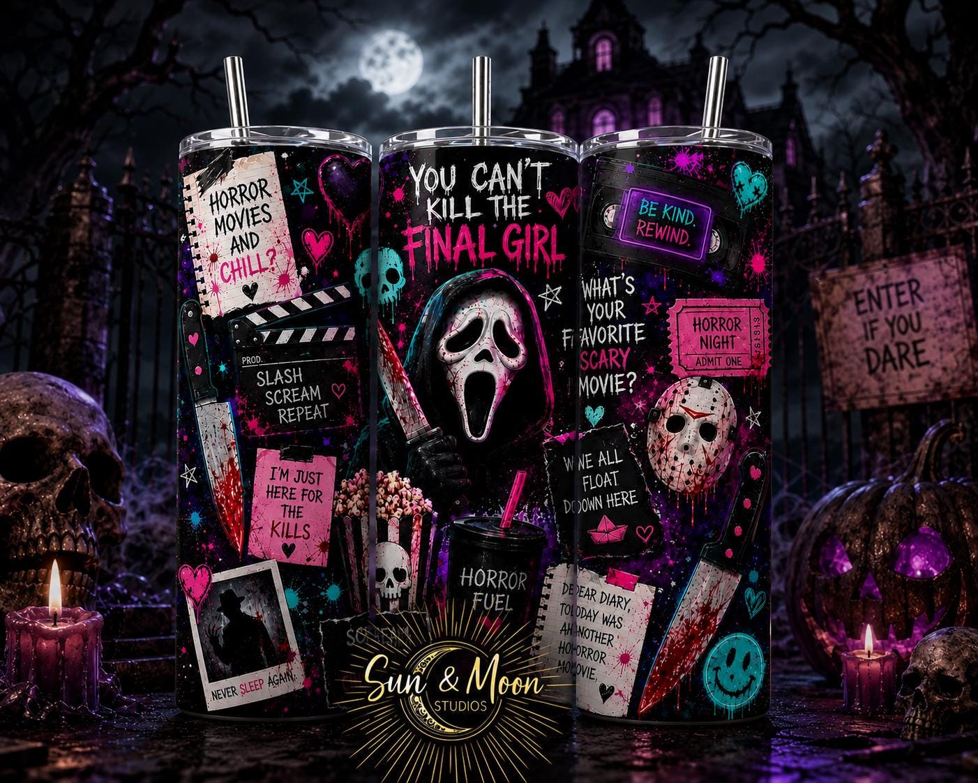 Horror Movie Skinny Tumbler – Gothic Halloween Drinkware, Stainless Steel Cup