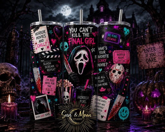 Horror Movie Skinny Tumbler – Gothic Halloween Drinkware, Stainless Steel Cup