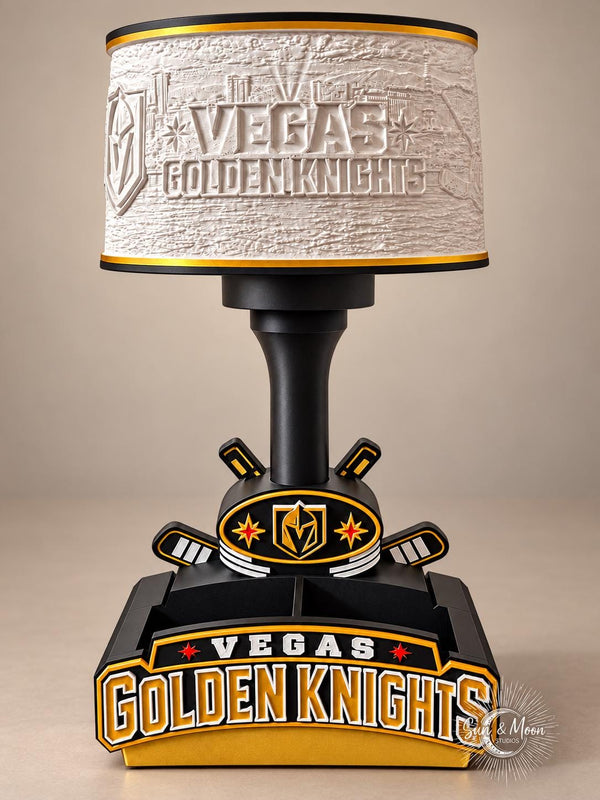 Vegas Golden Knights Tabletop Accent Lamp with Organizer, Remote-Controlled LED Light, Solid or Lithophane Shade, Hockey Fan Gift