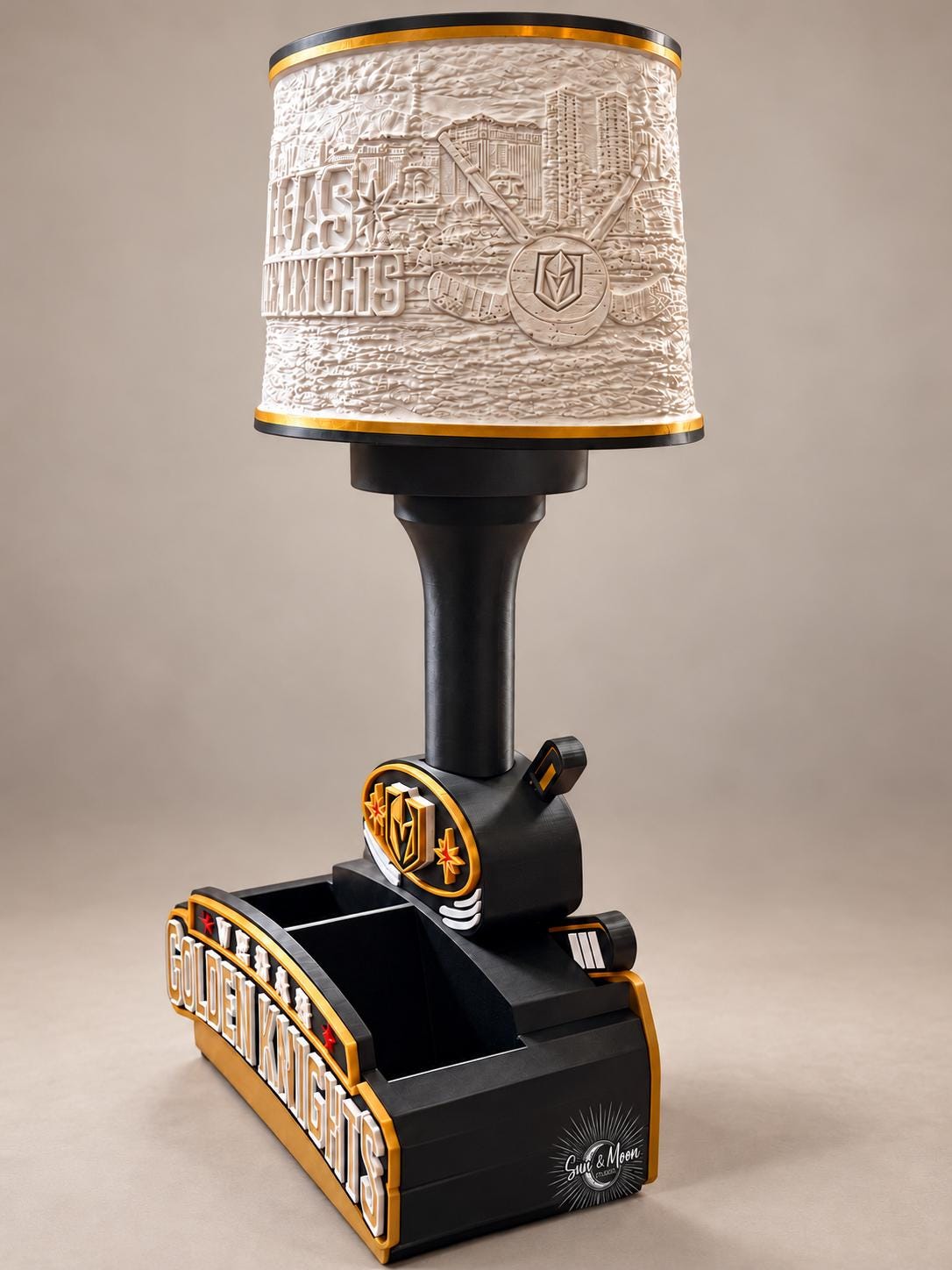 Vegas Golden Knights Tabletop Accent Lamp with Organizer, Remote-Controlled LED Light, Solid or Lithophane Shade, Hockey Fan Gift