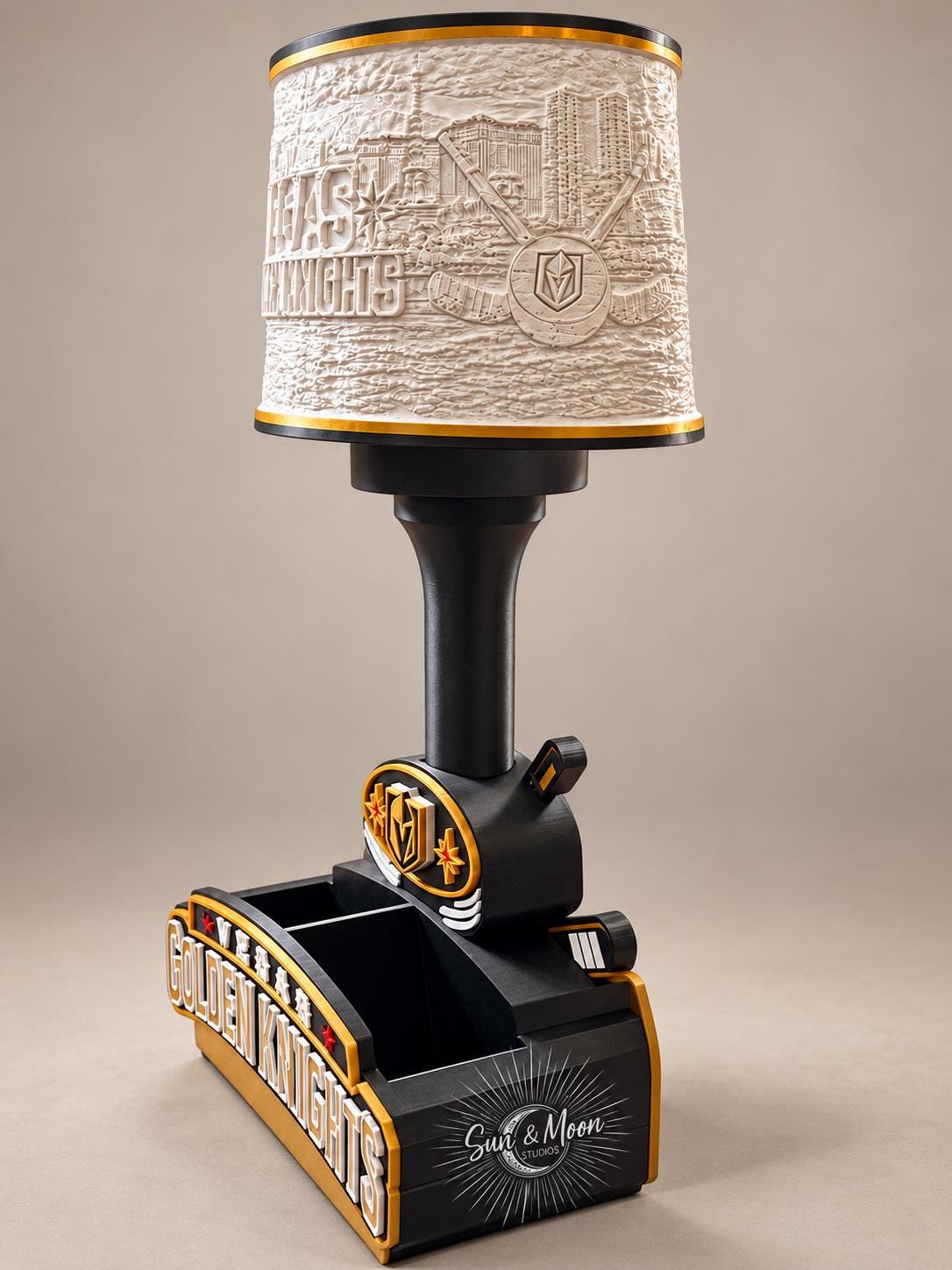 Vegas Golden Knights Tabletop Accent Lamp with Organizer, Remote-Controlled LED Light, Solid or Lithophane Shade, Hockey Fan Gift