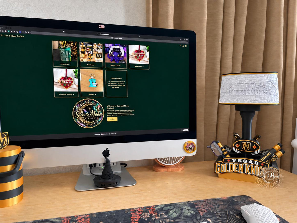 Vegas Golden Knights Tabletop Accent Lamp with Organizer, Remote-Controlled LED Light, Solid or Lithophane Shade, Hockey Fan Gift