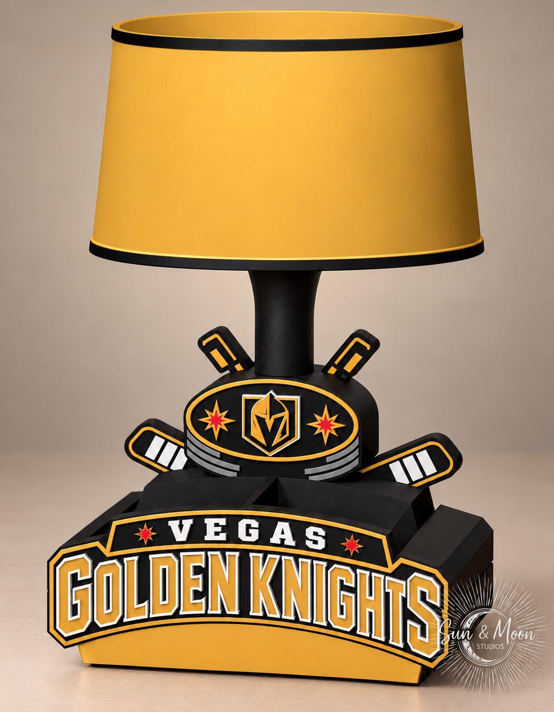 Vegas Golden Knights Tabletop Accent Lamp with Organizer, Remote-Controlled LED Light, Solid or Lithophane Shade, Hockey Fan Gift