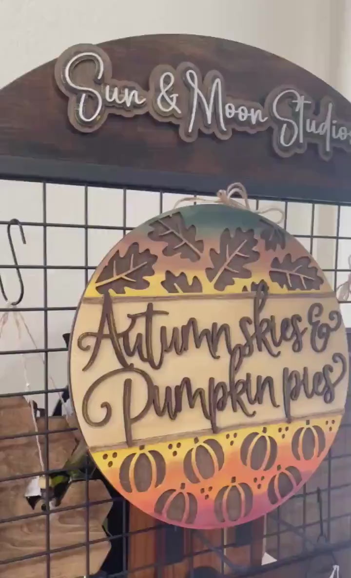 Autumn Skies and Pumpkin Pies Wood Sign - Handmade Fall Door Sign - Farmhouse Wall Decor - Pumpkin & Leaf Seasonal Sign