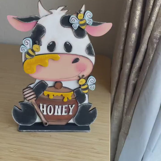 Cow With Honey Pot Shelf Sitter Sign | Farmhouse Cow Decor | Honey Bee Tiered Tray Decor | Rustic Countertop Sign | Farmhouse Shelf Decor