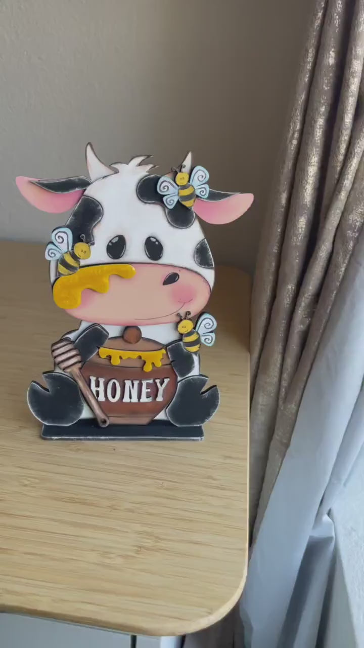 Cow With Honey Pot Shelf Sitter Sign | Farmhouse Cow Decor | Honey Bee Tiered Tray Decor | Rustic Countertop Sign | Farmhouse Shelf Decor