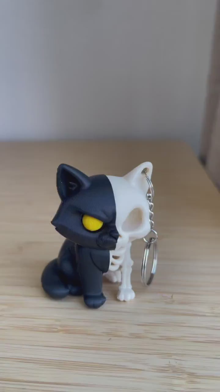 Skeleton Cat Keychain – Half Cat Half Skeleton – Gothic Keychain – Spooky Cat Lover Gift