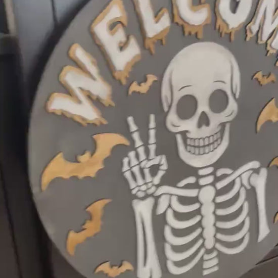 Welcome Skeleton Wood Sign - Halloween Door Sign - Spooky Skeleton Wall Art Handmade Bat Decor - Gothic Fall Home Decoration