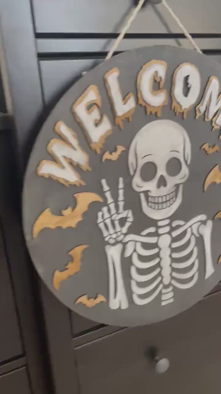 Welcome Skeleton Wood Sign - Halloween Door Sign - Spooky Skeleton Wall Art Handmade Bat Decor - Gothic Fall Home Decoration